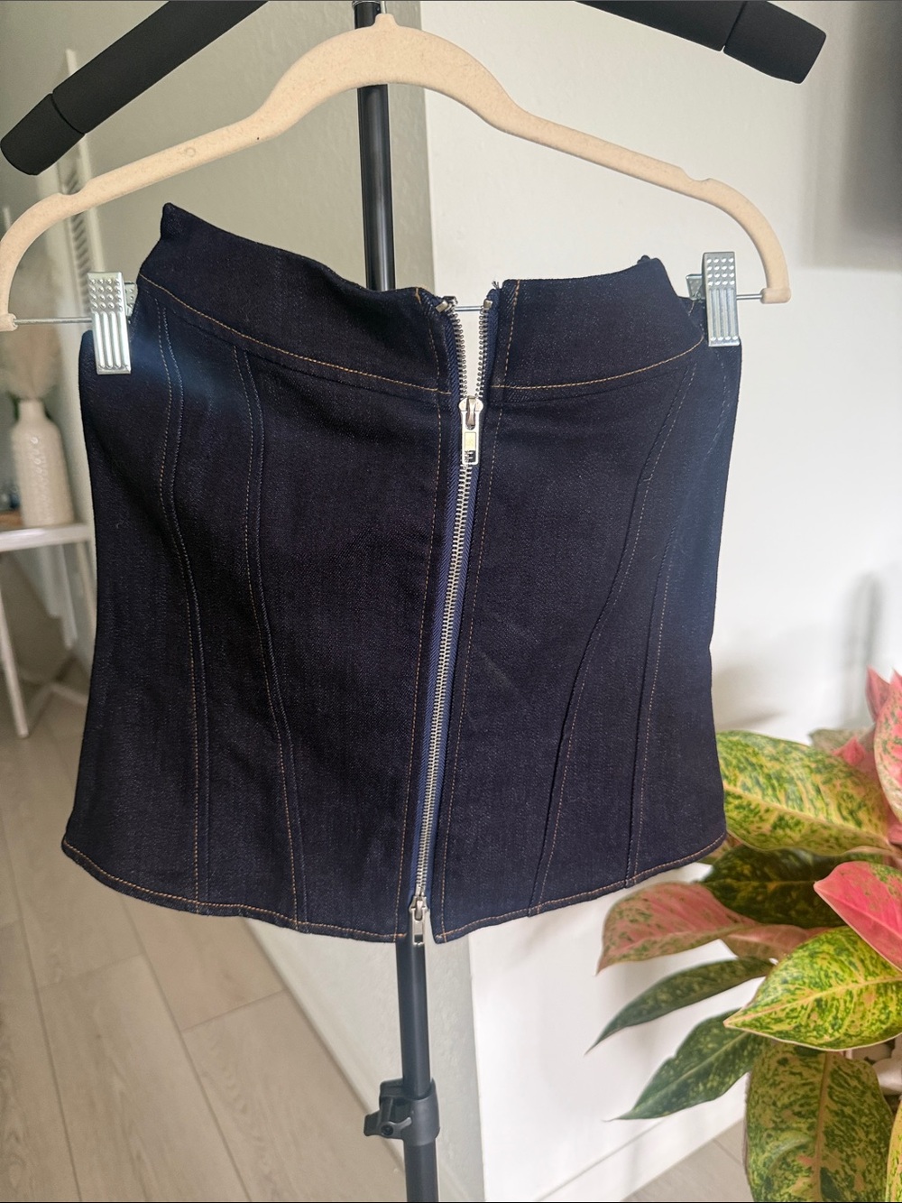 Vici Dark Indigo Denim Corset top with Front Exposed Silver Zip